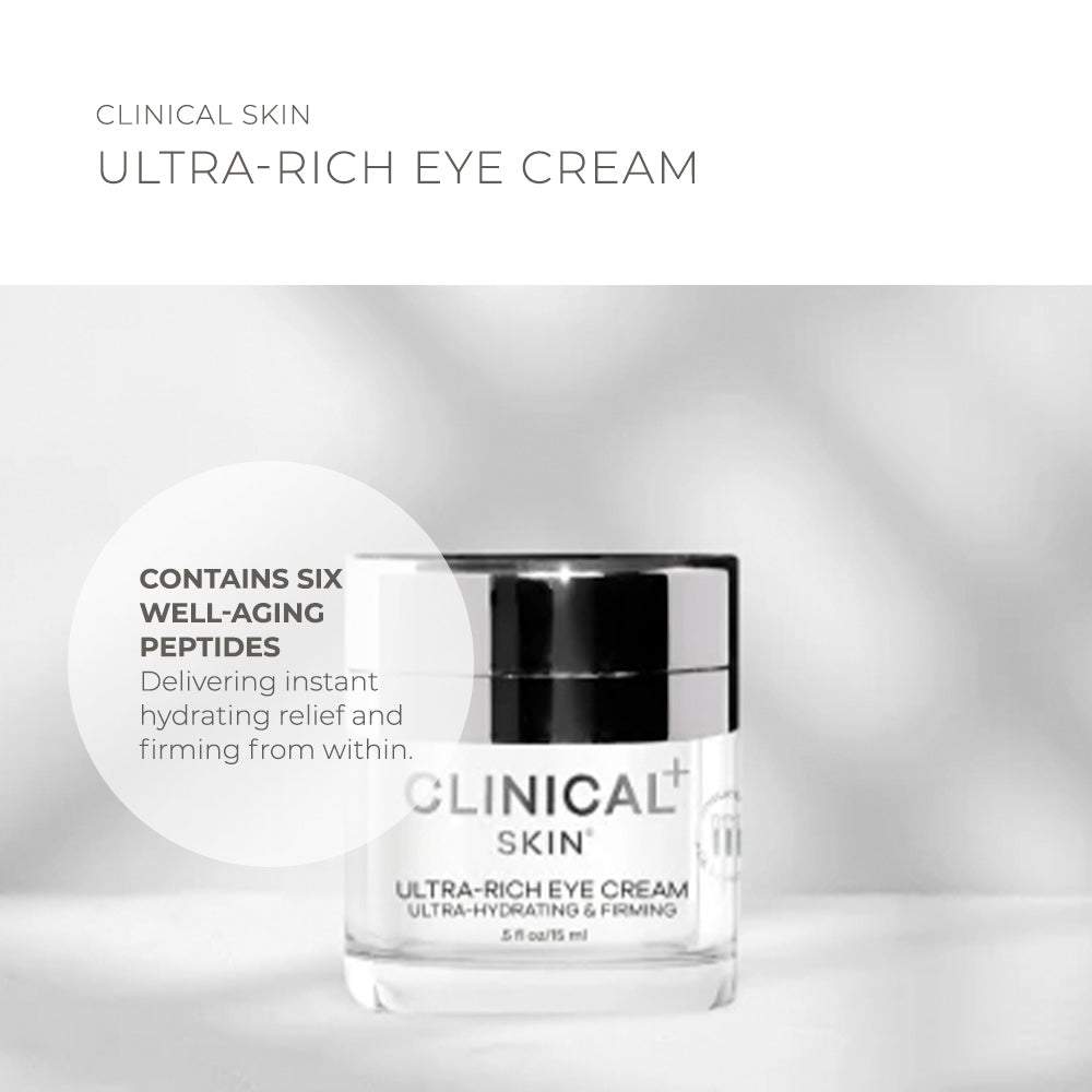 Clinical Skin Ultra-Rich Eye Cream in a clear glass jar with black lid and white peptide-labelled packaging