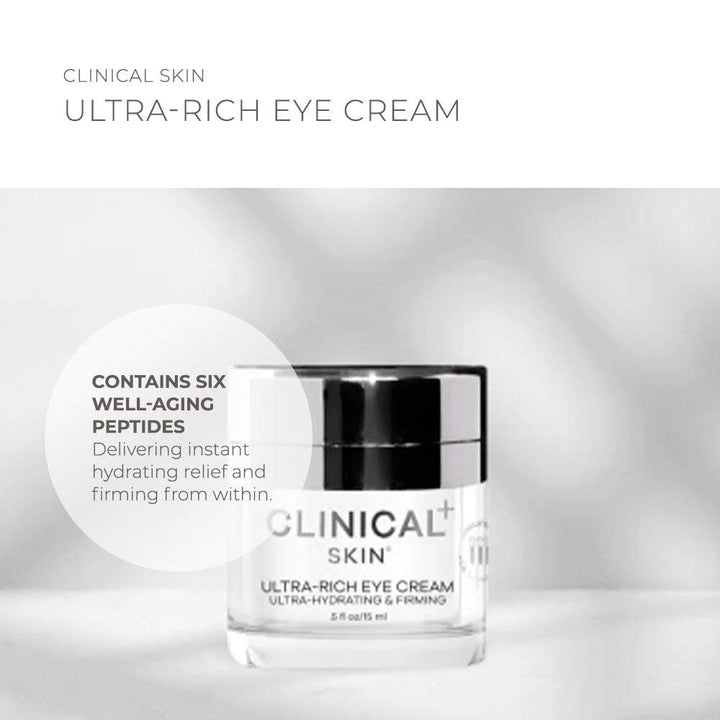 Clinical Skin Ultra-Rich Eye Cream in a clear glass jar with black lid and white peptide-labelled packaging
