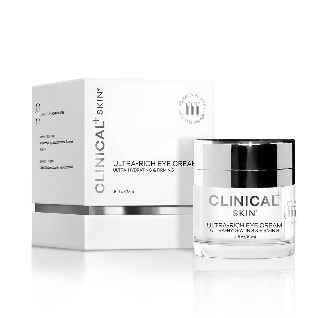 Clinical Skin Ultra-Rich Eye Cream in a white jar and matching white boxes with black lid and printed branding