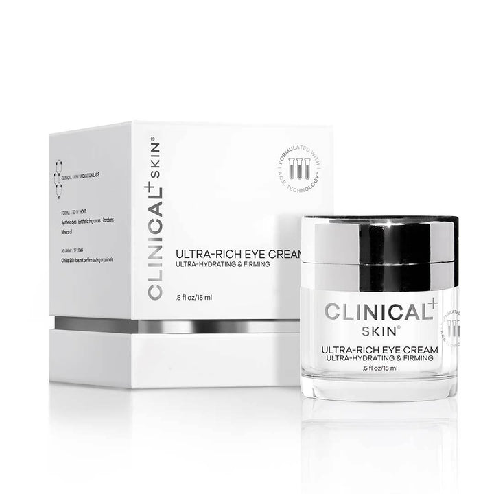 Clinical Skin Ultra-Rich Eye Cream in a white jar and matching white boxes with black lid and printed branding