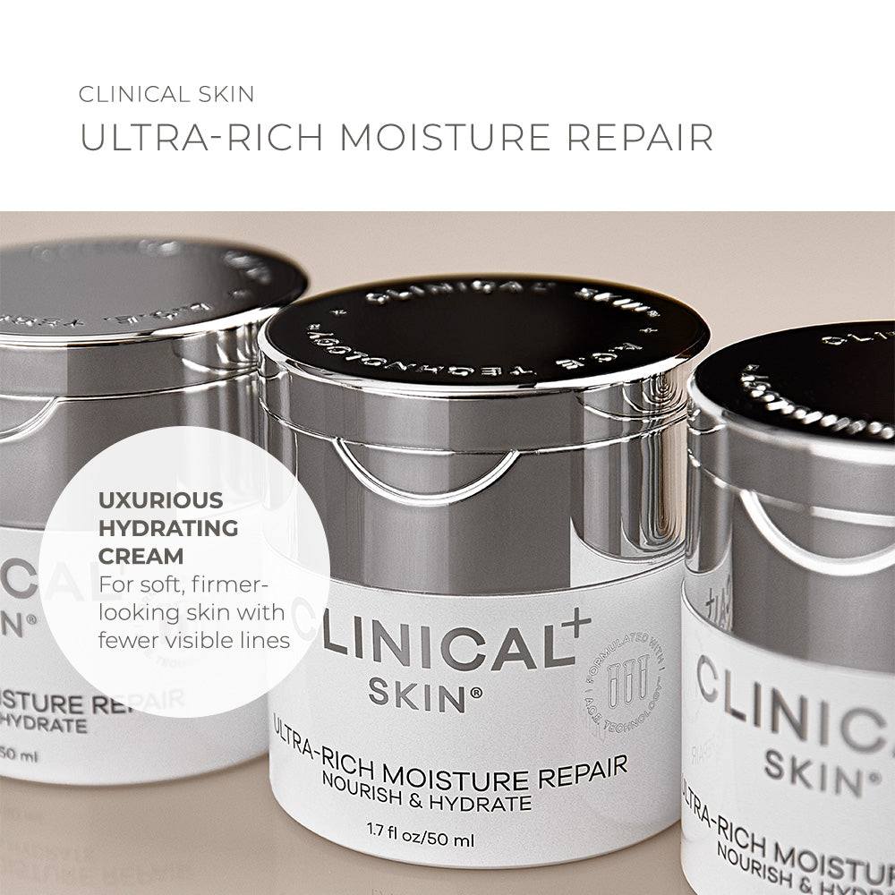 Clinical Skin Ultra-Rich Moisture Repair rich hydrating cream in silver jars with white labels