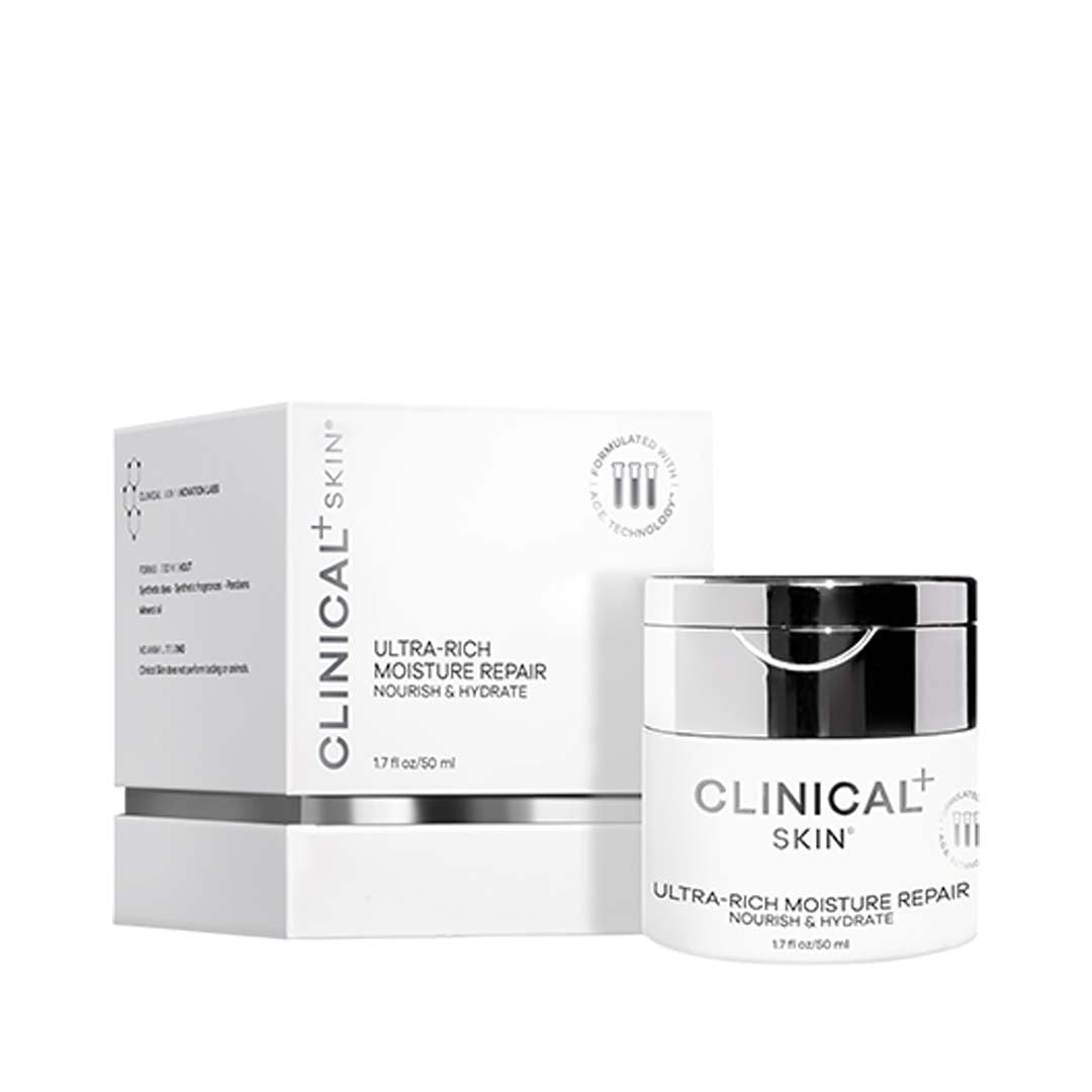 Clinical Skin Ultra-Rich Moisture Repair white moisturising cream jar and matching boxes with silver lids