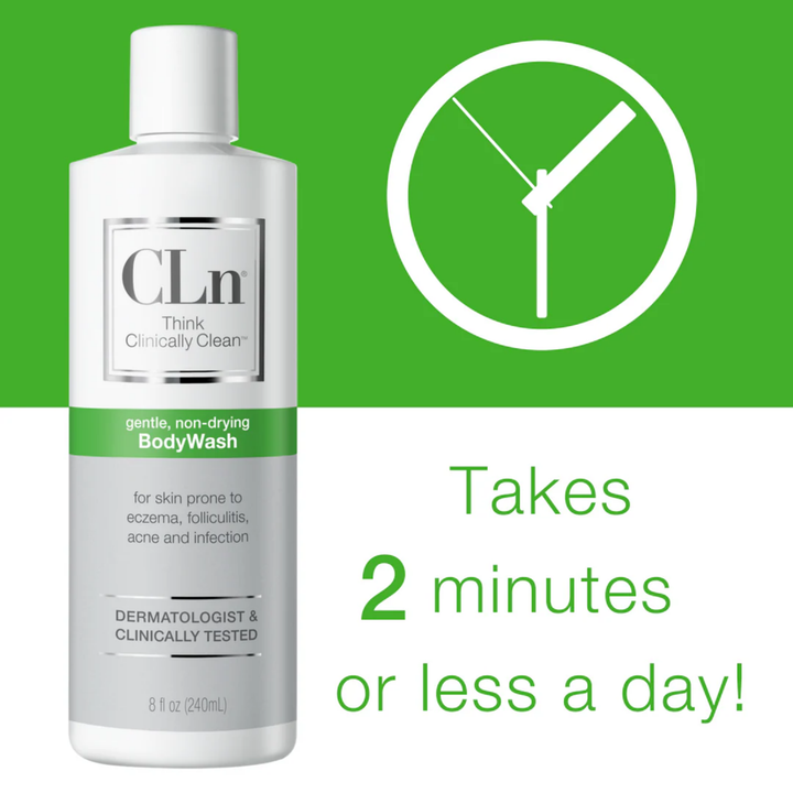 CLn BodyWash cleanser in a silver 240 ml bottle with a white cap and green label, shown with a two-minute use claim