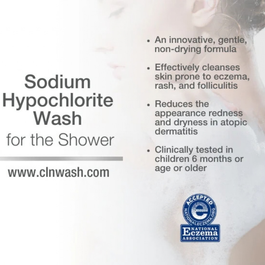 CLn BodyWash sodium hypochlorite shower wash packaging with gentle, non-drying formula and eczema association seal