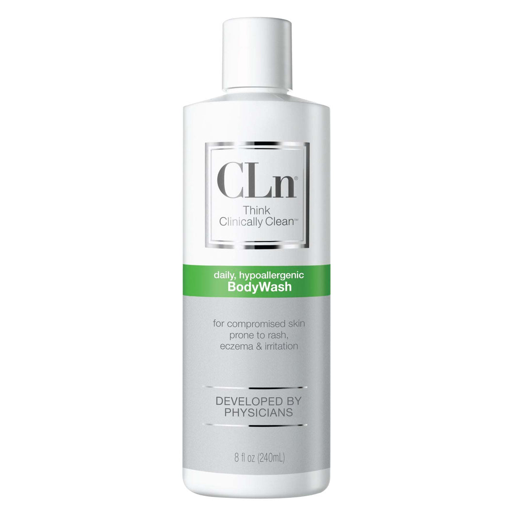 CLn BodyWash white 240ml bottle with green daily hypoallergenic BodyWash label for compromised skin