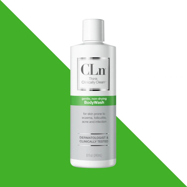 CLn BodyWash in a white 240 ml bottle with a green band, labelled gentle, non-drying body wash