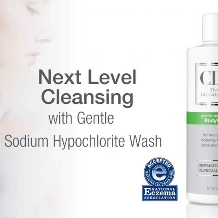 CLn BodyWash sodium hypochlorite body wash in a white bottle with a green label and National Eczema Association seal