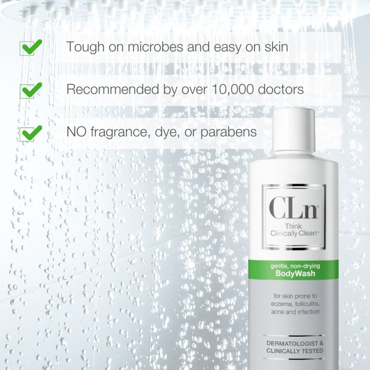 CLn BodyWash white bottle with green label and pump, a gentle non-drying, fragrance-free body wash