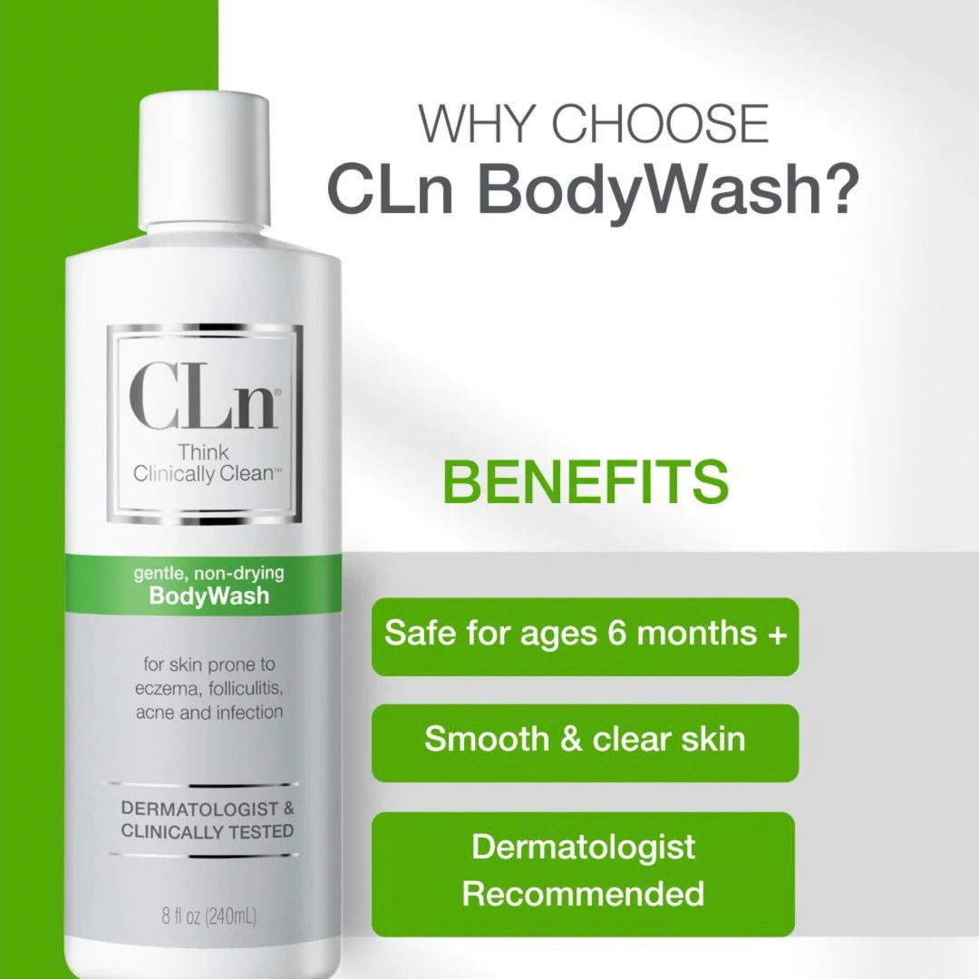CLn BodyWash bottle with a white and silver label, green band, and gentle non-drying formula for sensitive skin