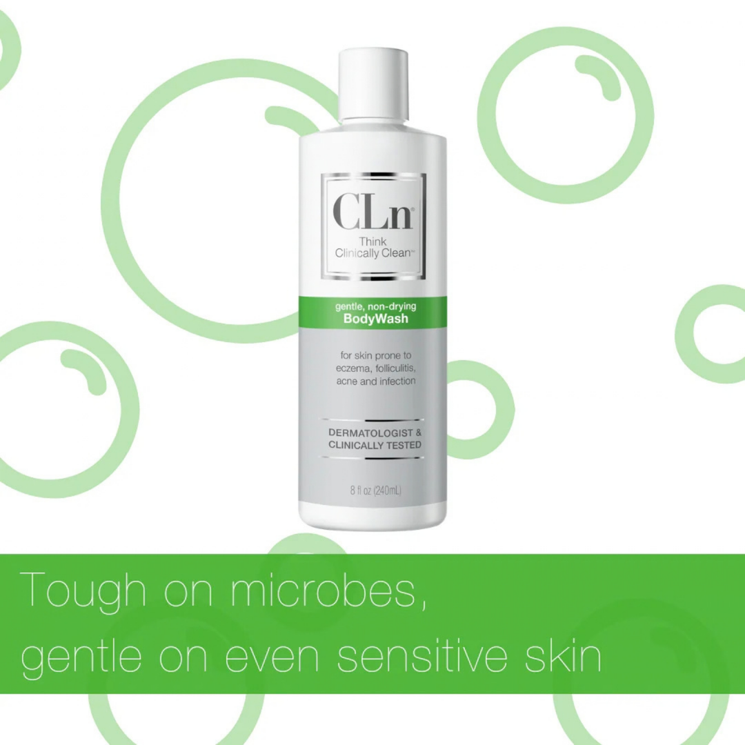 CLn BodyWash gentle non-drying body wash in a white 240 ml bottle with a green label for sensitive skin