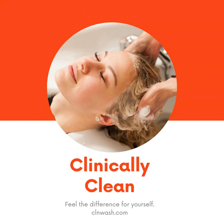 CLn Shampoo promotional graphic showing a woman having her hair washed, with Clinically Clean branding