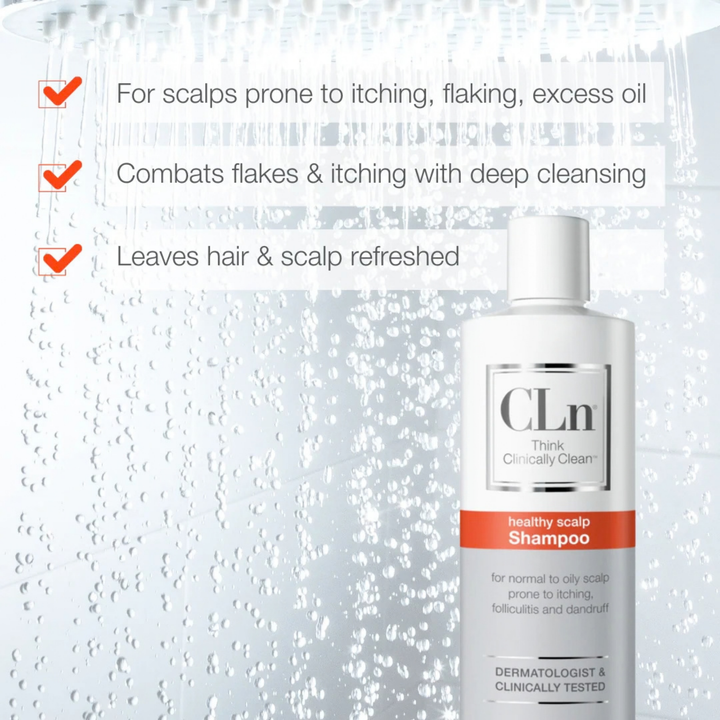 CLn Shampoo bottle in white with an orange label, featuring a clean minimalist design and 240ml size