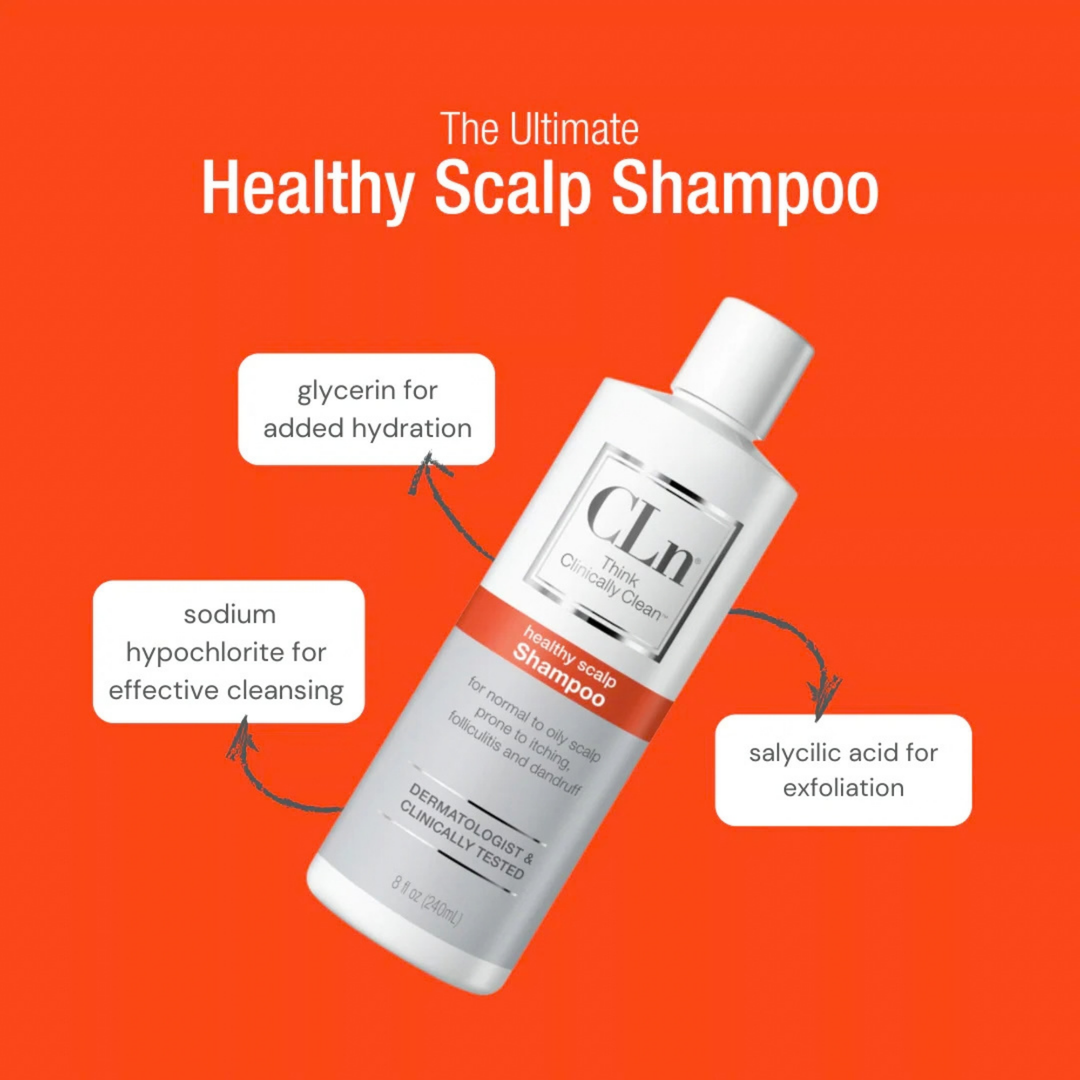 CLn Shampoo is a white bottle with an orange label, shown with ingredient callouts for scalp cleansing and exfoliation