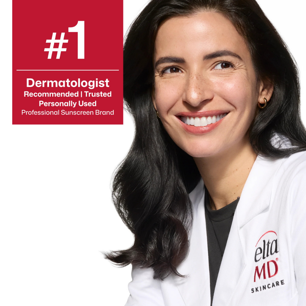 Woman in a white lab coat with Elna MD Skincare branding, featuring a dermatologist recommended badge.