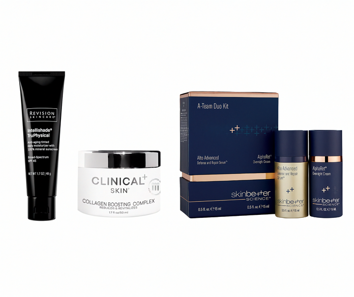Collection of skincare products including bottles and a box on a white background