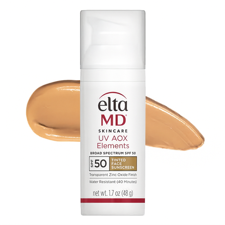 Elta AOX Tinted SPF broad-spectrum mineral sunscreen in white pump bottle with beige tinted cream swatch behind
