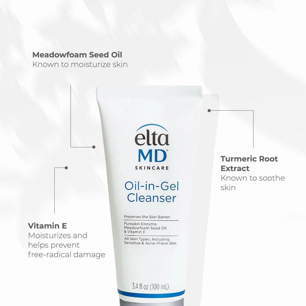 Elta MD Oil-in-Gel Cleanser white 100ml tube with blue lettering and ingredient callouts