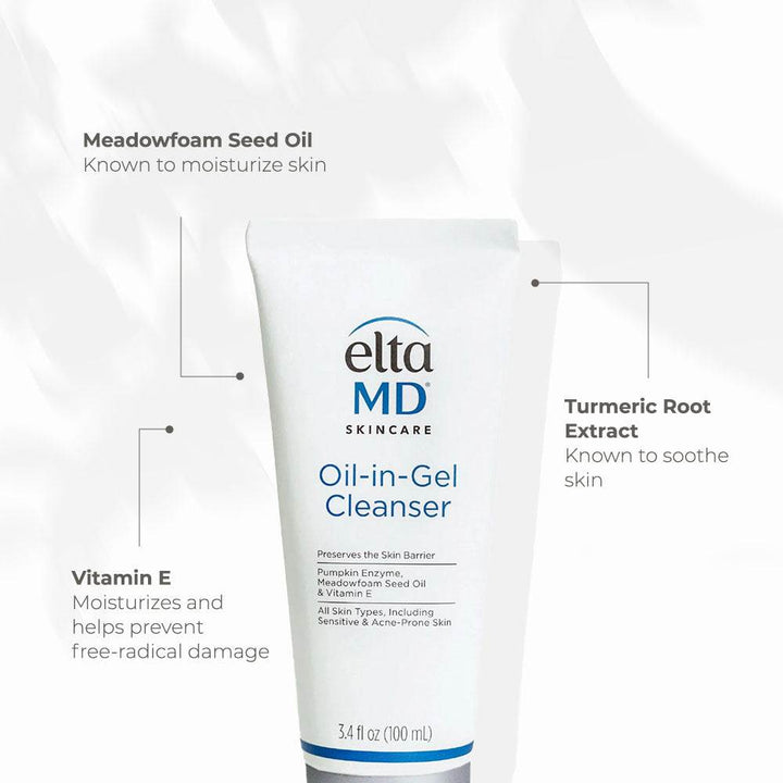Elta MD Oil-in-Gel Cleanser white 100ml tube with blue lettering and ingredient callouts
