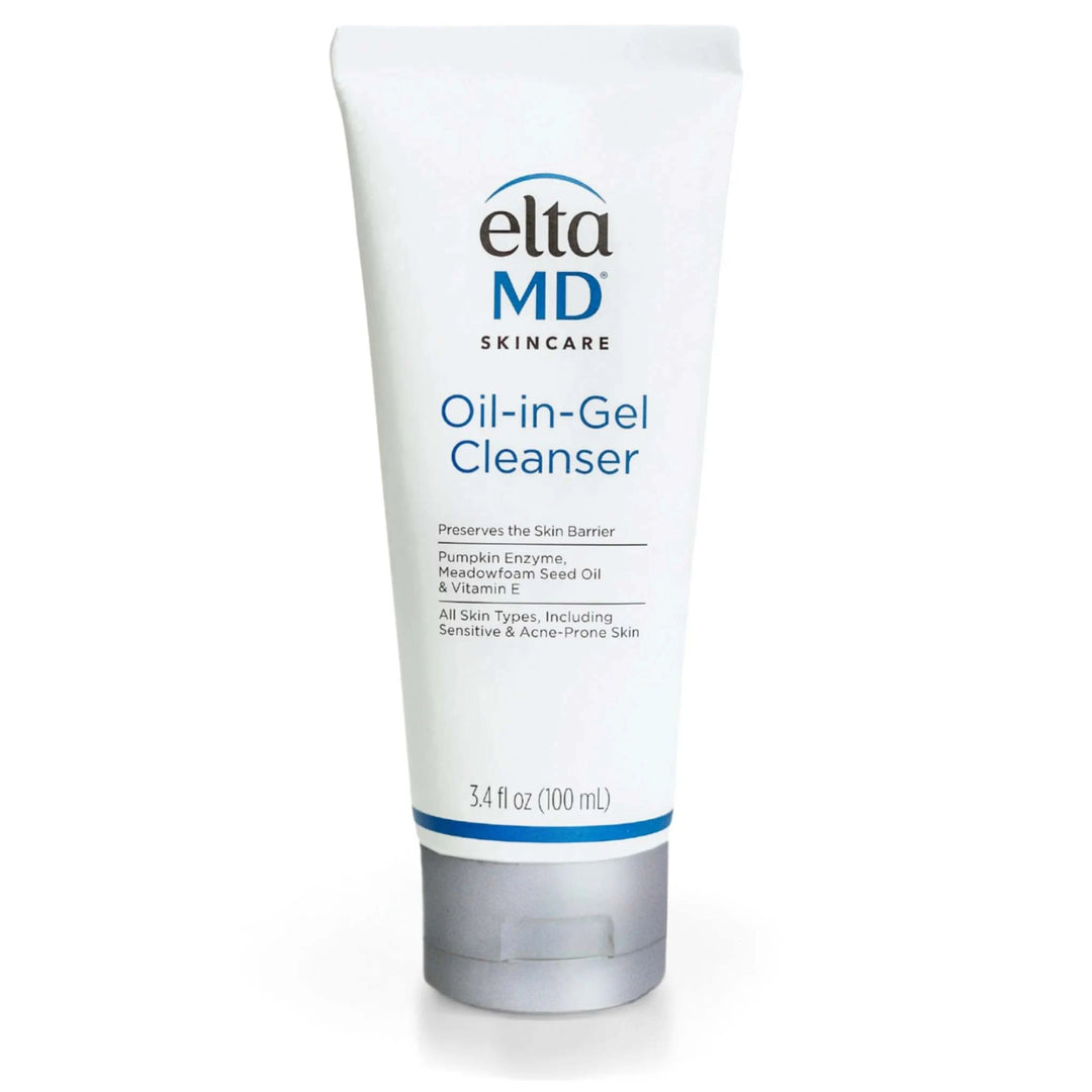 Elta MD Oil-in-Gel Cleanser in a white 100ml tube with blue branding and a clear cap