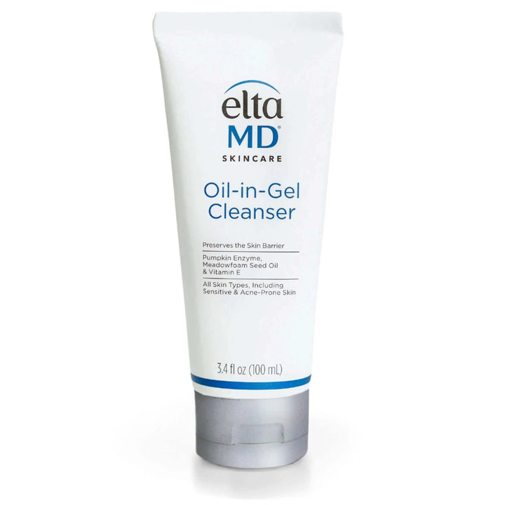 Elta MD Oil-in-Gel Cleanser in a white 100ml tube with blue branding and a clear cap