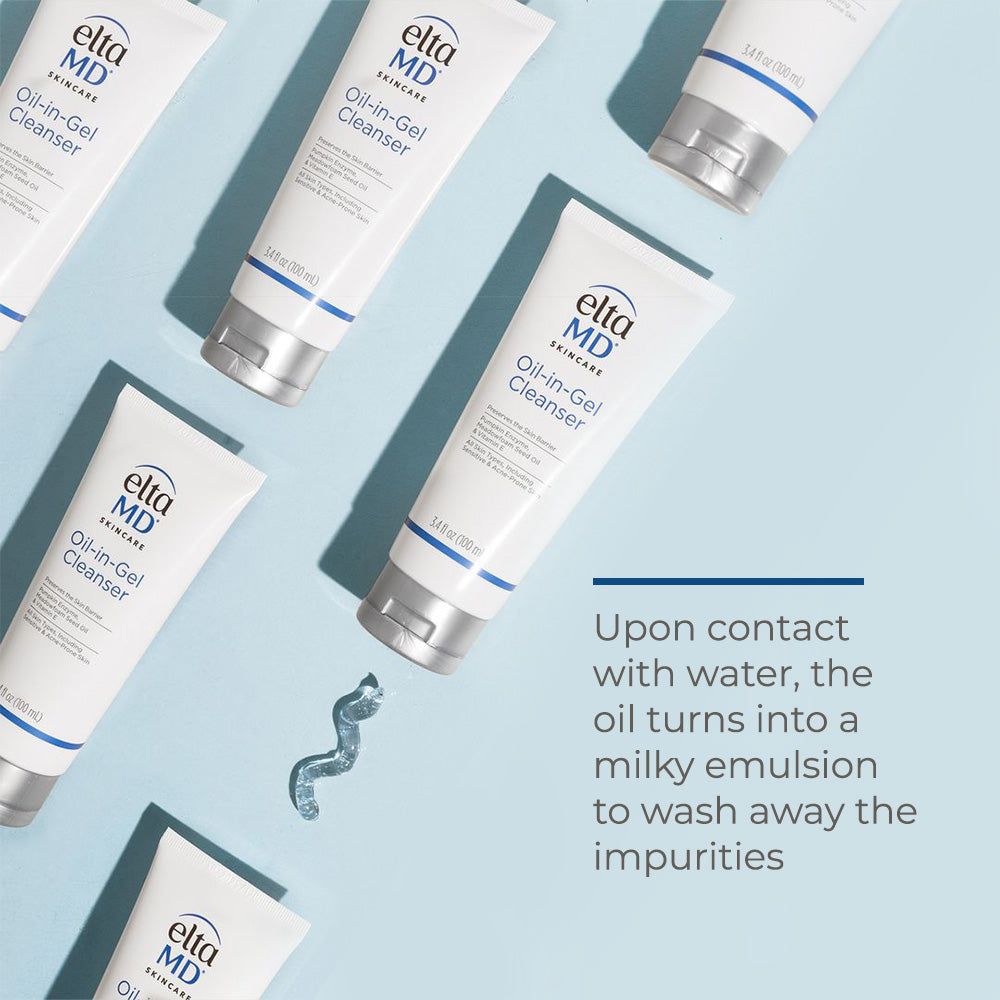 Elta MD Oil-in-Gel Cleanser white gel cleanser tube with blue accents and silver cap