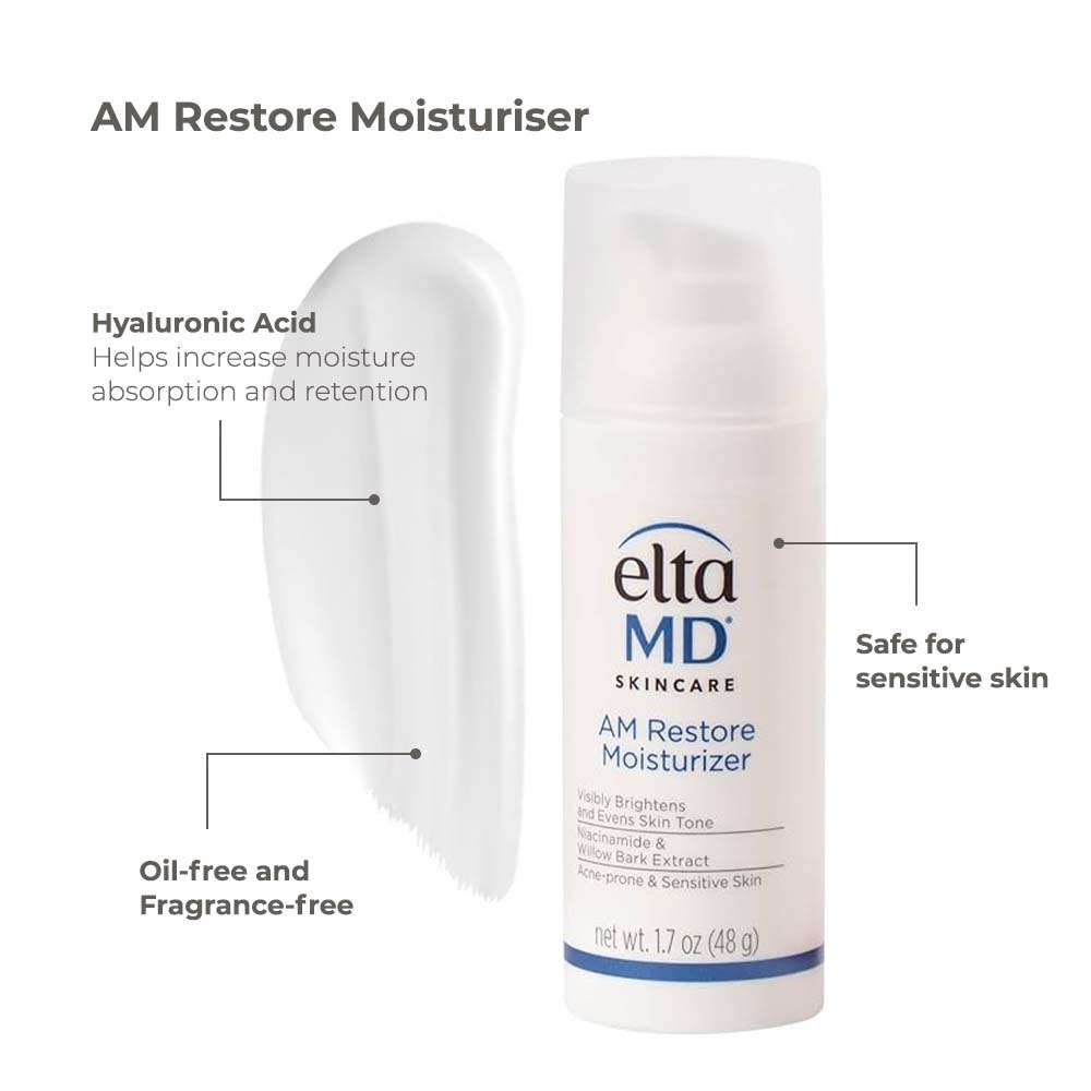 EltaMD AM Restore lightweight white hydrating moisturiser bottle with hyaluronic acid, oil-free and fragrance-free formula for sensitive skin
