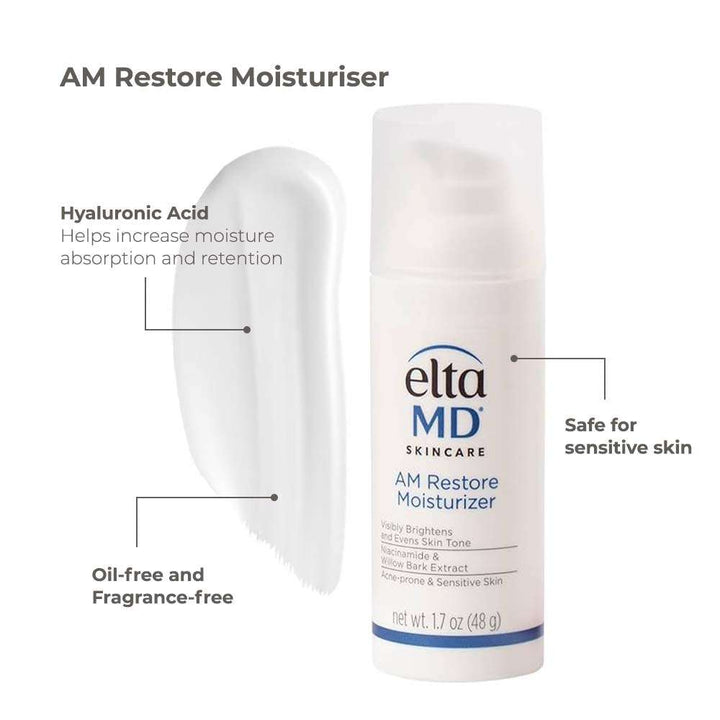 EltaMD AM Restore lightweight white hydrating moisturiser bottle with hyaluronic acid, oil-free and fragrance-free formula for sensitive skin