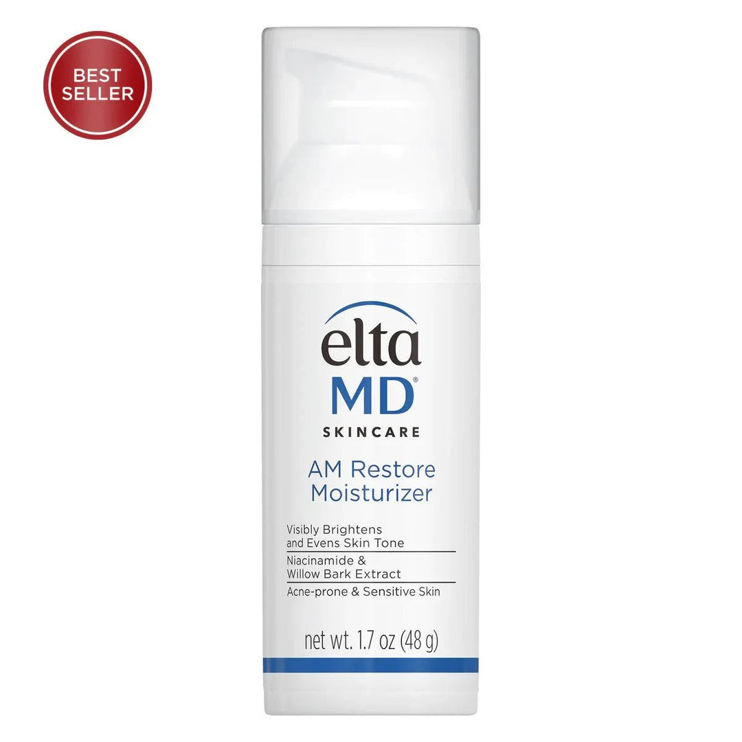 EltaMD AM Restore lightweight white plastic bottle moisturizer with blue and black text and a white pump dispenser