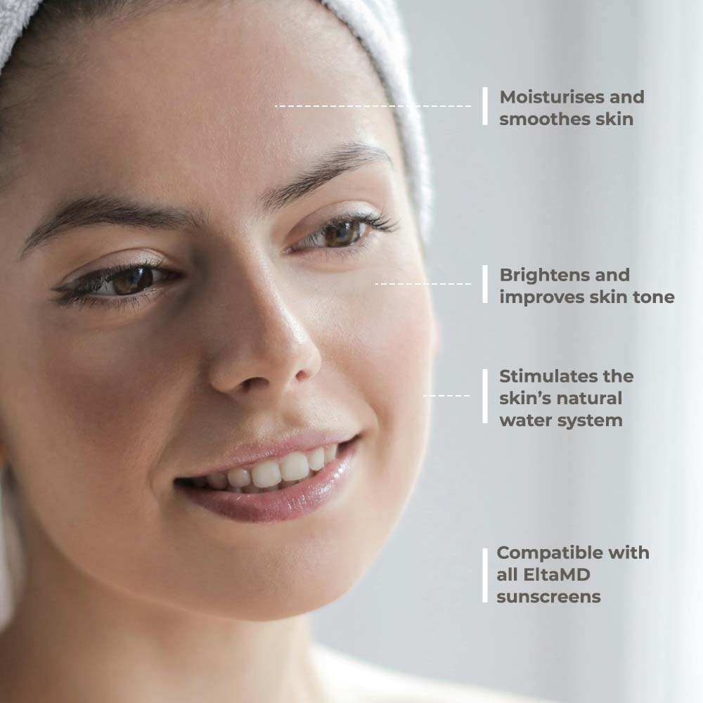 EltaMD AM Restore skincare product benefits illustrated on a woman's smooth, hydrated complexion with highlighted effects