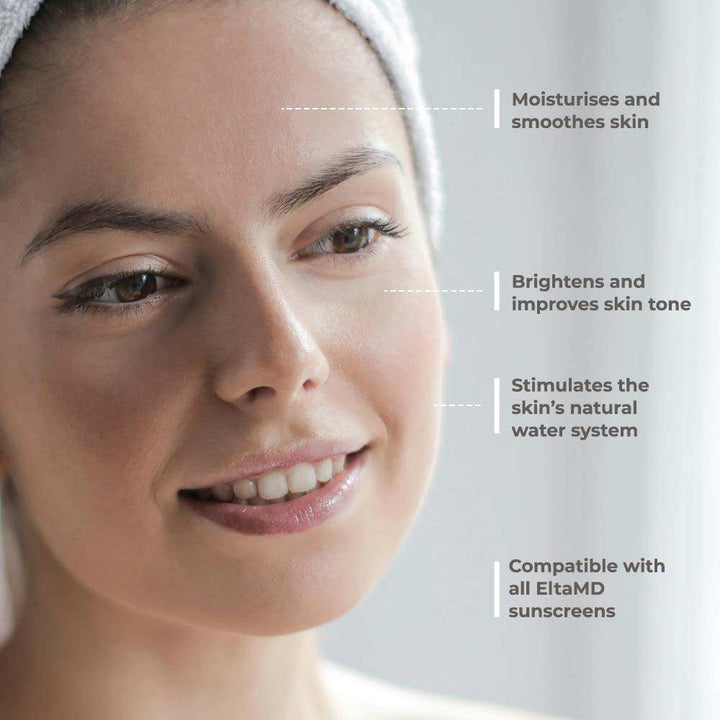 EltaMD AM Restore skincare product benefits illustrated on a woman's smooth, hydrated complexion with highlighted effects