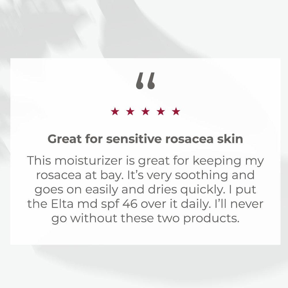 testimonial card highlighting EltaMD Barrier Renewal Complex as a soothing, fast-drying moisturizer suitable for sensitive rosacea skin