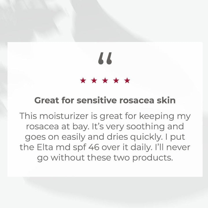 testimonial card highlighting EltaMD Barrier Renewal Complex as a soothing, fast-drying moisturizer suitable for sensitive rosacea skin
