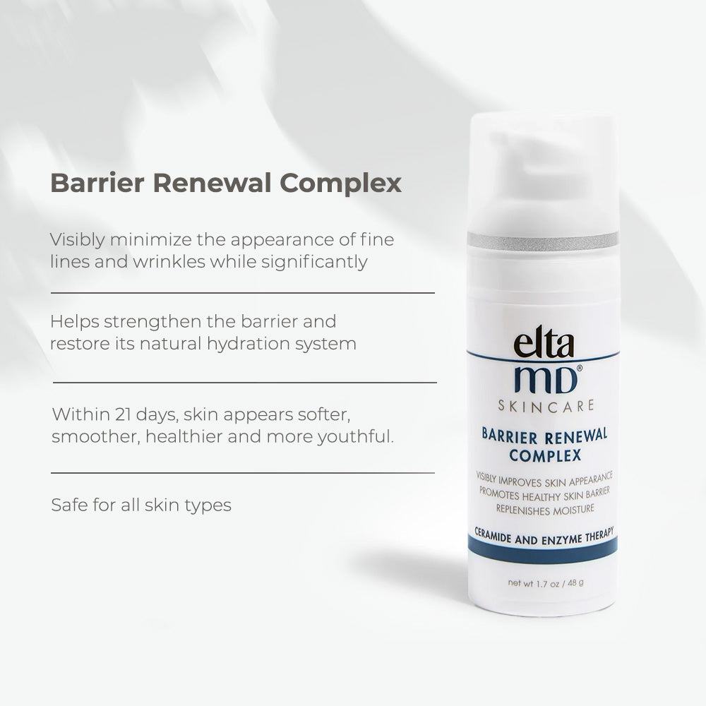 EltaMD Barrier Renewal Complex white pump bottle with blue and black text, ceramide and enzyme therapy moisturizer