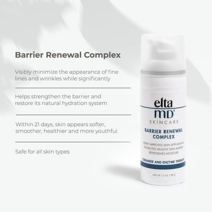 EltaMD Barrier Renewal Complex white pump bottle with blue and black text, ceramide and enzyme therapy moisturizer