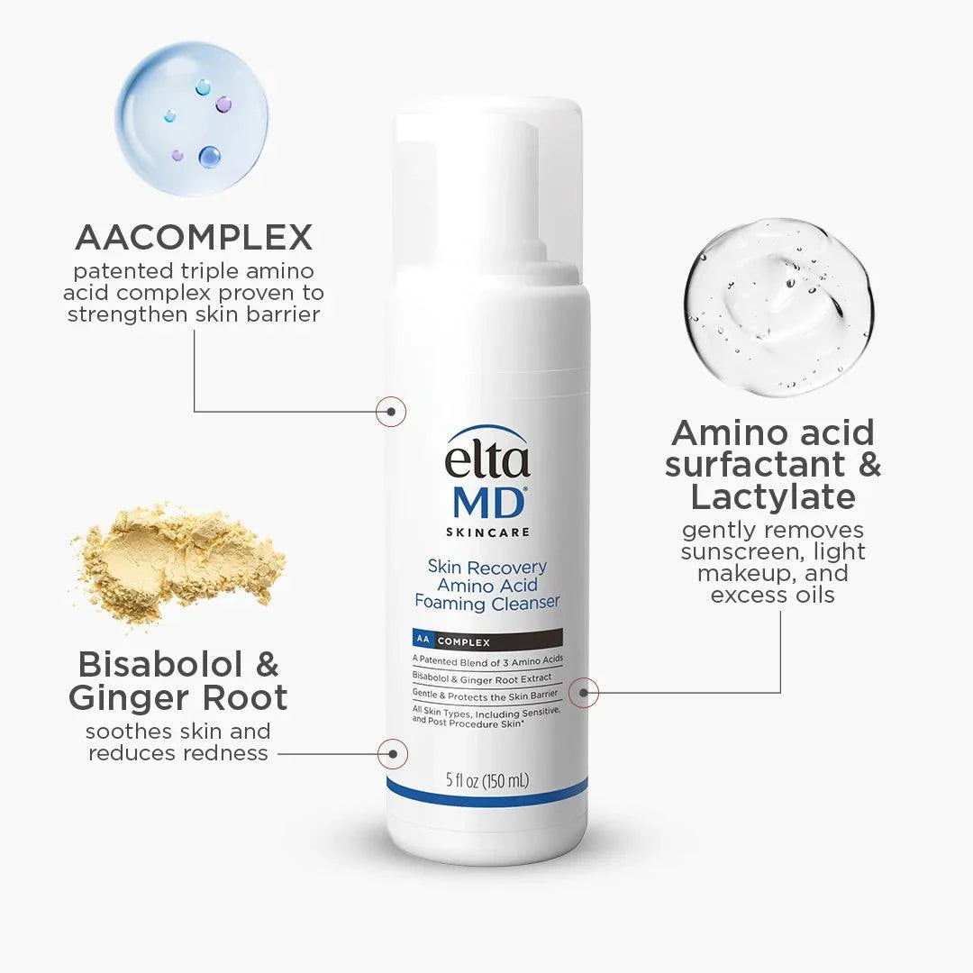 EltaMD Essential Bundle cleanser bottle, white with blue accents, featuring amino acid foam and bisabolol ginger root callouts