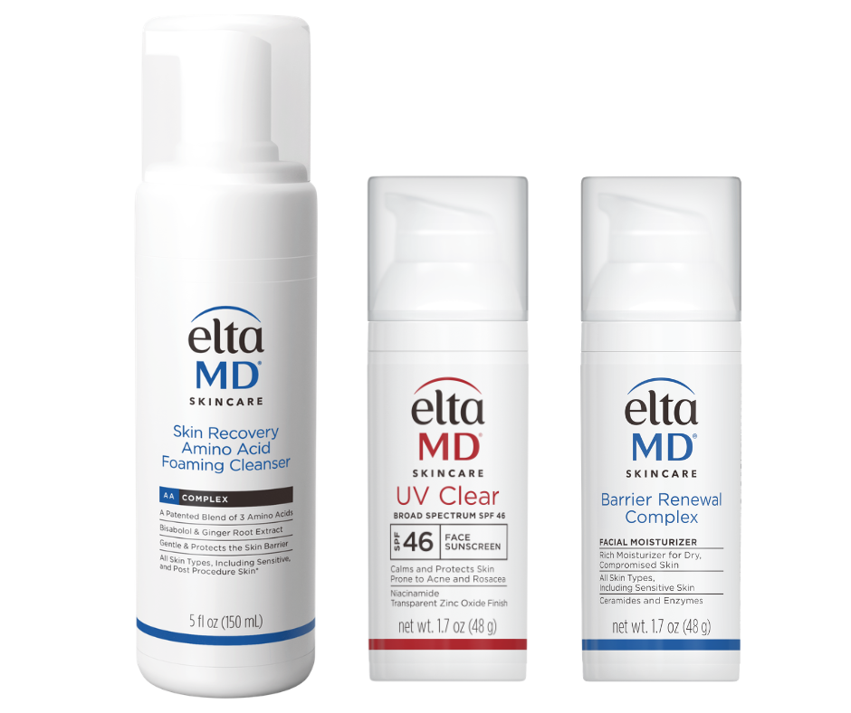 EltaMD Essential Bundle with white cleanser, UV Clear SPF 46 sunscreen, and Barrier Renewal Complex moisturiser