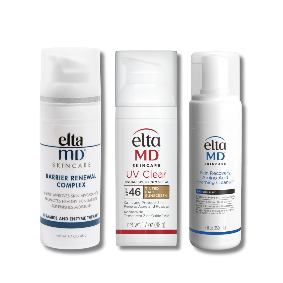 EltaMD Essentials Bundle with three white skincare bottles, including tinted UV Clear SPF 46, cleanser and barrier cream