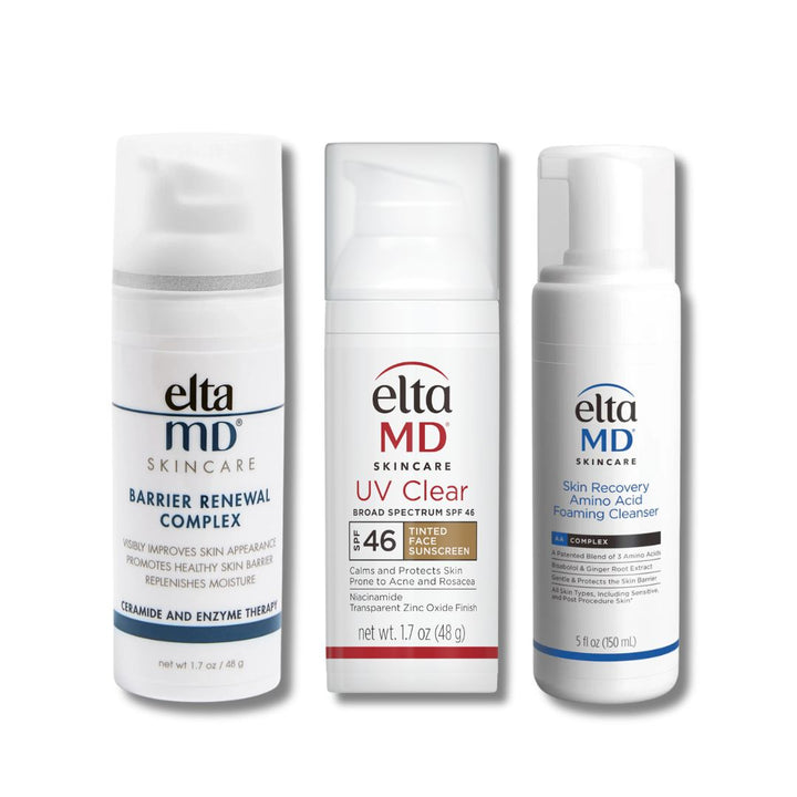 EltaMD Essentials Bundle with three white skincare bottles, including tinted UV Clear SPF 46, cleanser and barrier cream