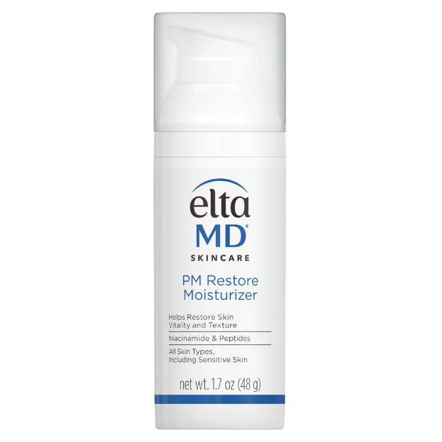 EltaMD PM Restore night moisturiser in a white pump bottle with blue and black text, designed for skin repair and restoration