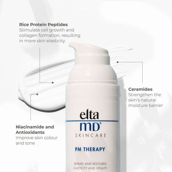 EltaMD PM Restore white pump bottle night moisturizer with ceramides, niacinamide, rice protein peptides, and antioxidants