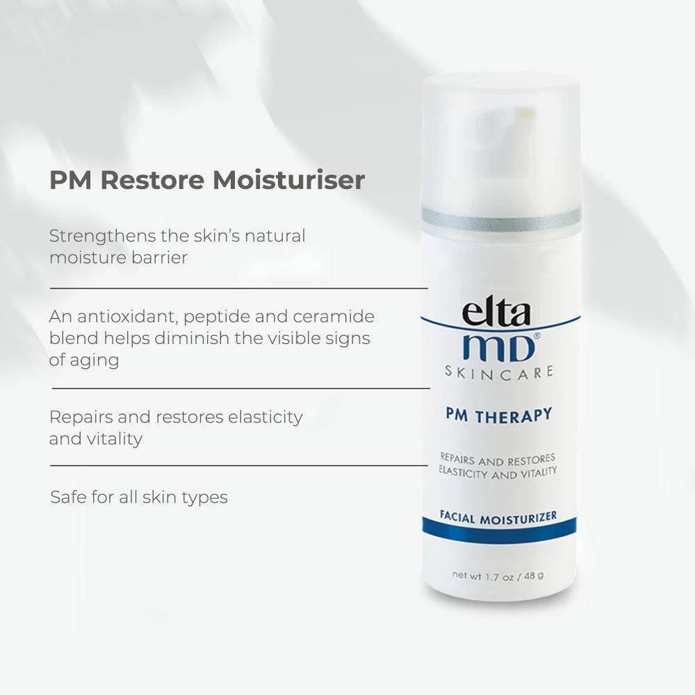 EltaMD PM Restore oil-free facial moisturiser in a white bottle with blue and black text, designed to repair and restore skin elasticity