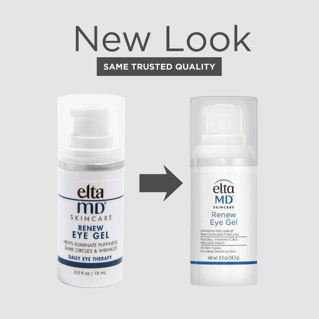 EltaMD Renew Eye Gel white pump bottle showing old and new packaging with blue label and 0.5 fl oz size