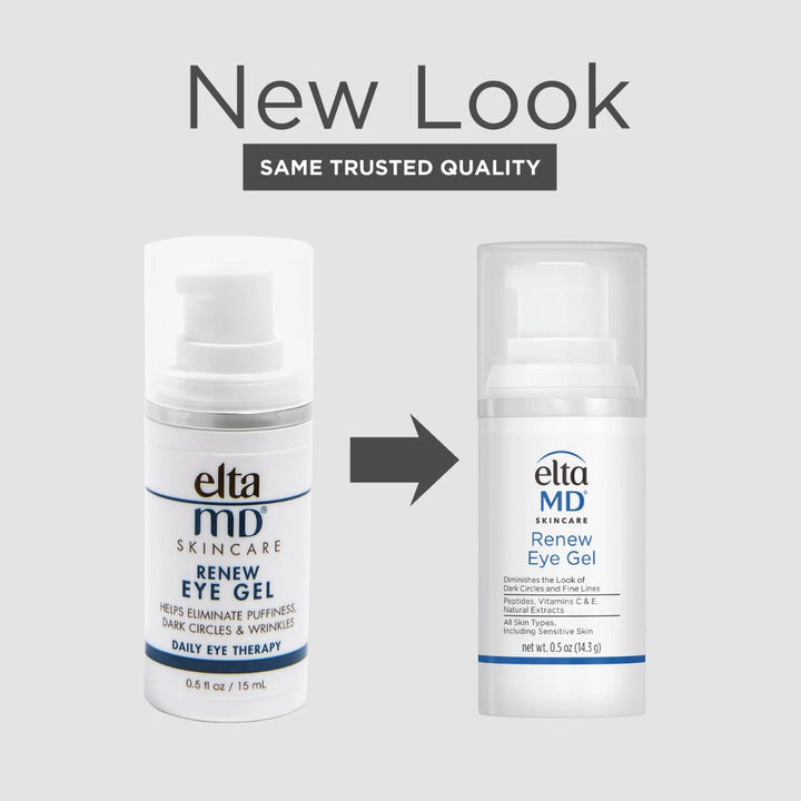 EltaMD Renew Eye Gel white pump bottle showing old and new packaging with blue label and 0.5 fl oz size