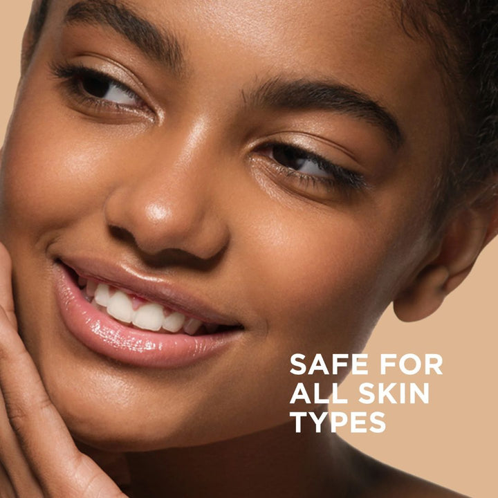 EltaMD Renew Eye Gel product benefits graphic featuring a smiling model and text stating safe for all skin types