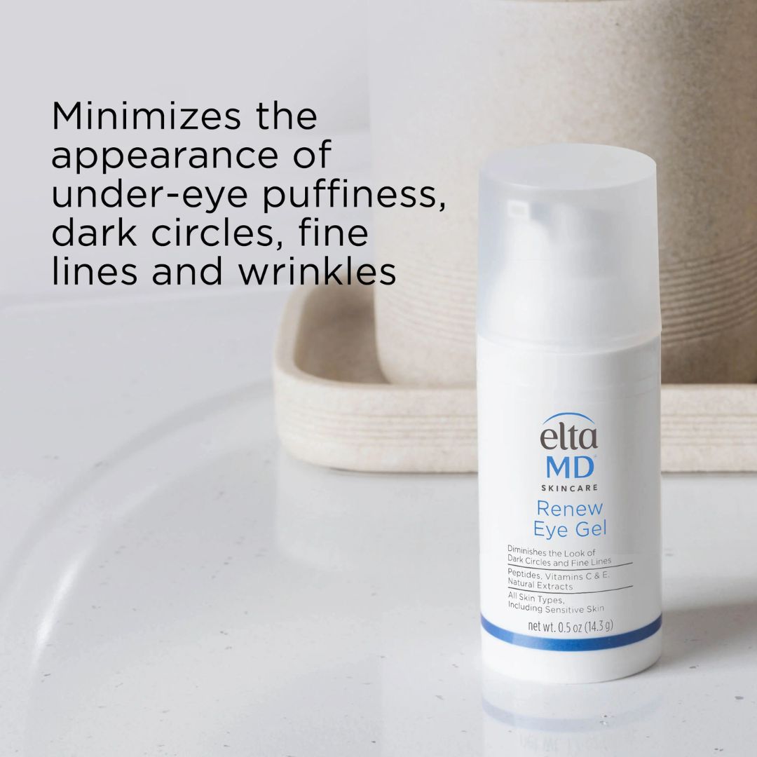 EltaMD Renew Eye Gel in a white pump bottle with blue branding and a clear cap