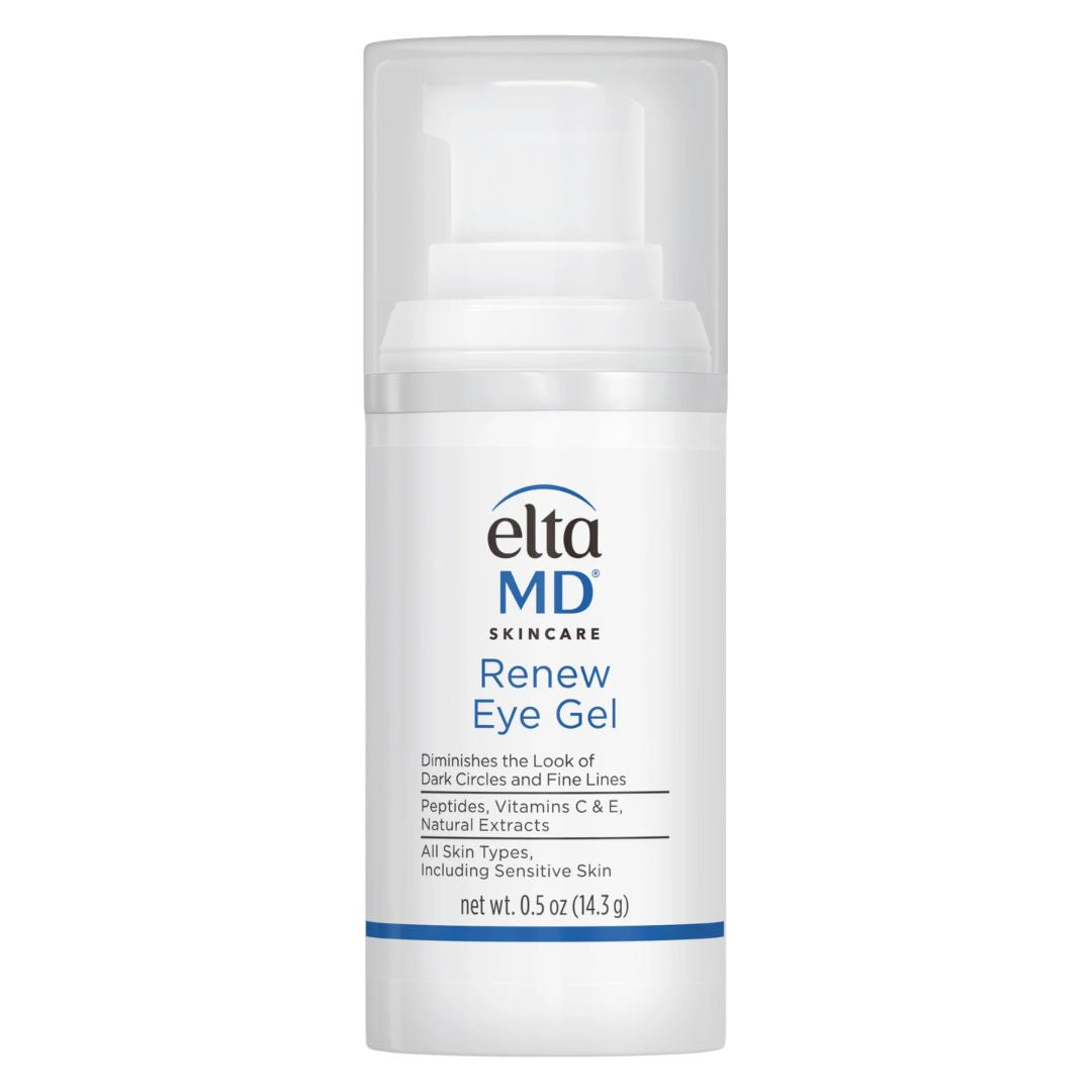 EltaMD Renew Eye Gel in a white pump bottle with blue accent band and clear protective cap