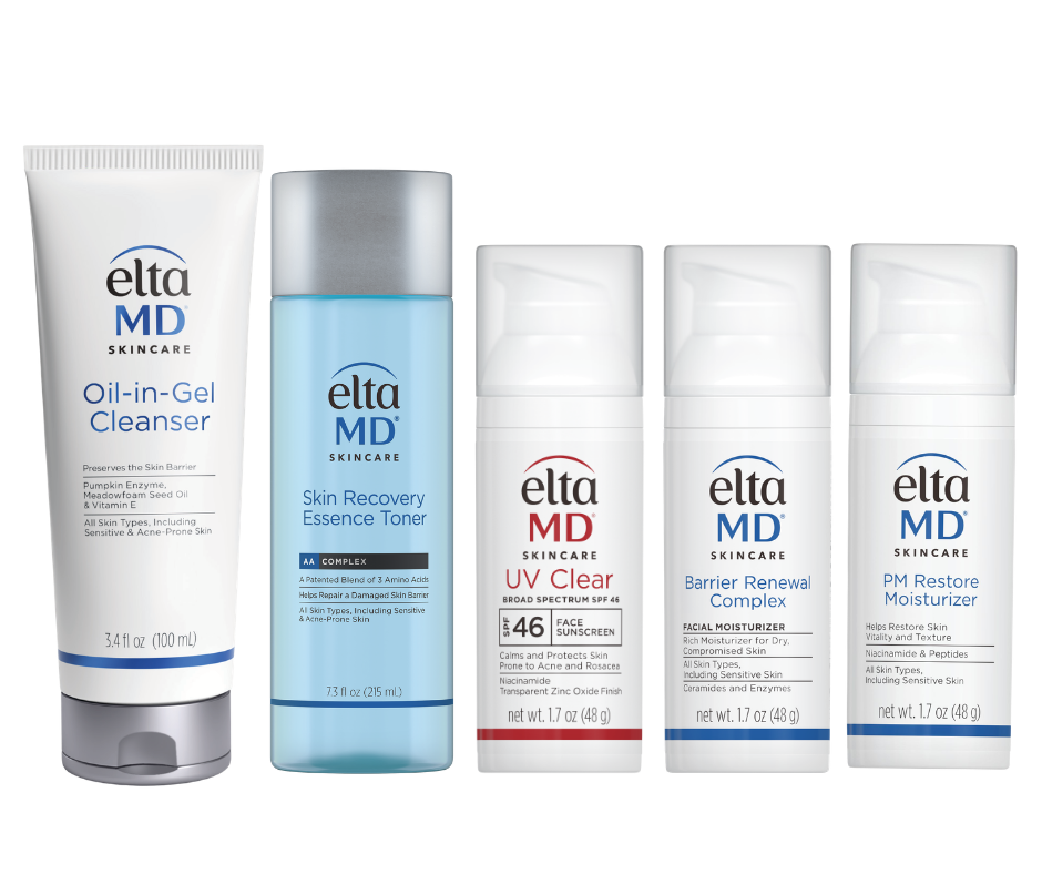EltaMD Rosacea Bundle with five white and blue skincare products, including cleanser, toner, SPF, barrier complex and moisturiser