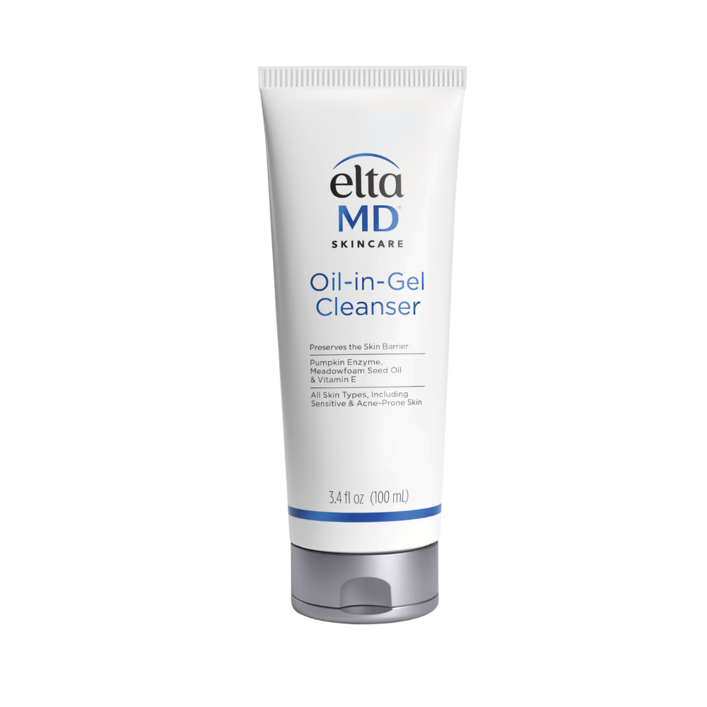 EltaMD Rosacea Bundle cleanser, white Oil-In-Gel tube with blue lettering and silver-grey cap