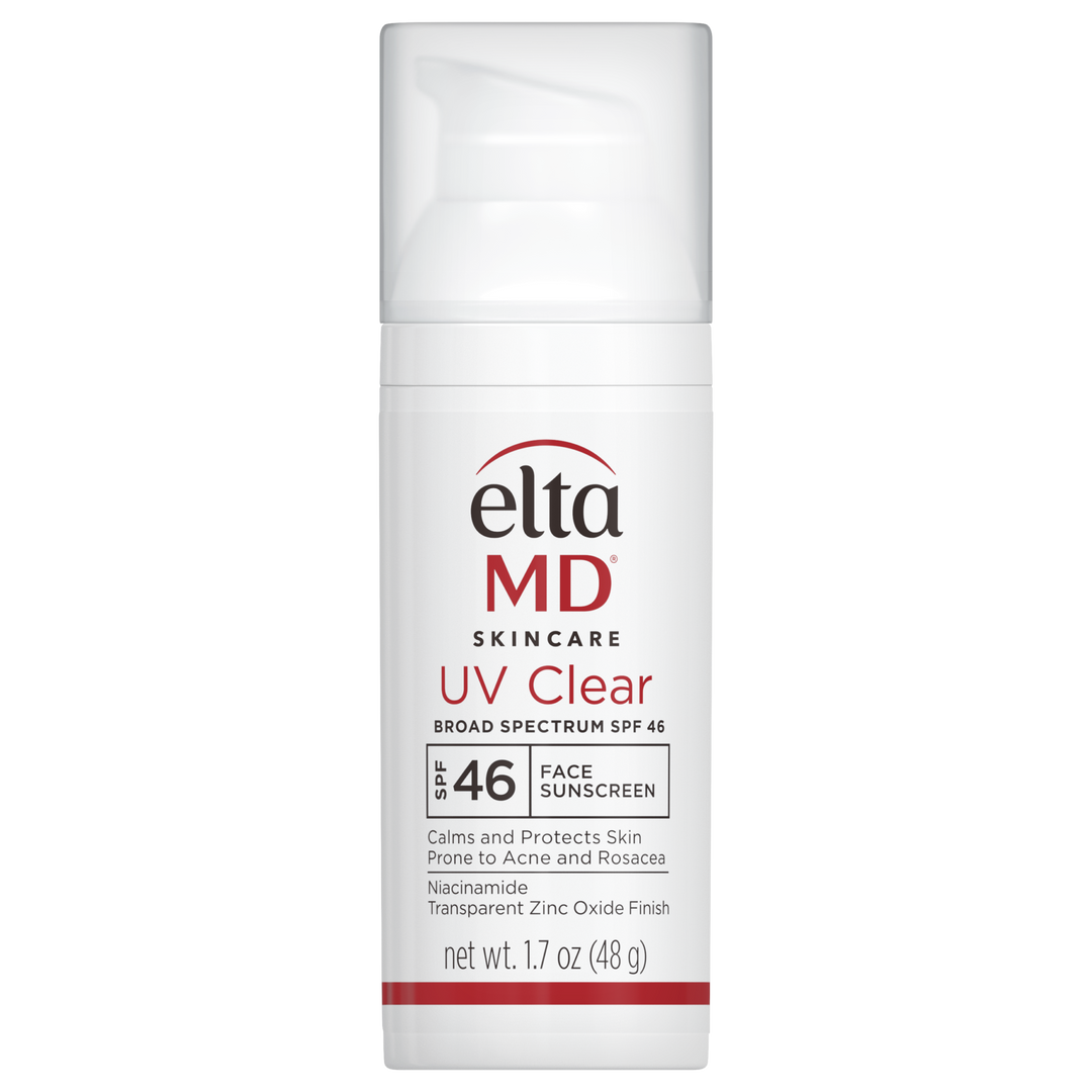 EltaMD UV Clear SPF 46 facial sunscreen in a white pump bottle with red and black label details