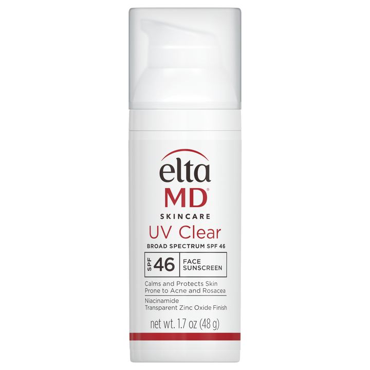 EltaMD UV Clear SPF 46 facial sunscreen in a white pump bottle with red and black label details